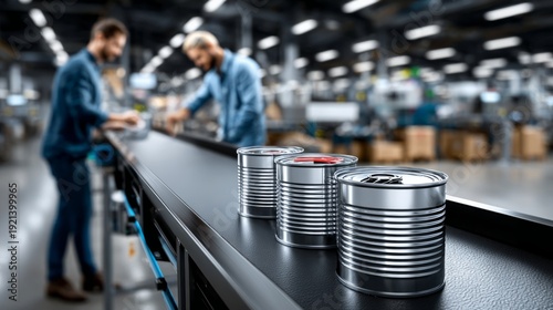 Workers diligently inspect canned goods on a fast-paced production line in a contemporary factory