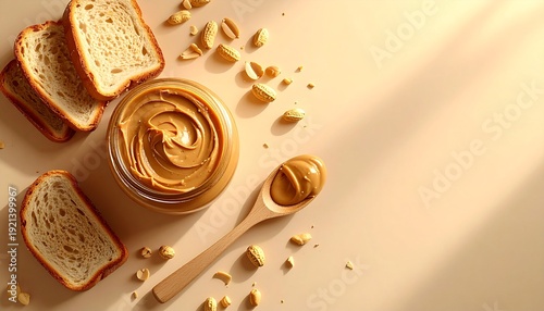 Slices of bread and a jar of creamy peanut butter on a light surface, viewed from above with a wooden spoon.