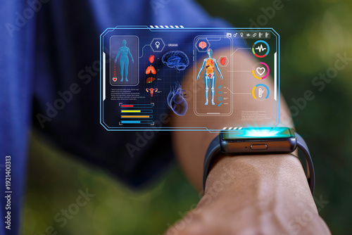 Health Monitoring Smartwatch with Digital Medical Interface and Longevity Healthcare Technology Concept.
