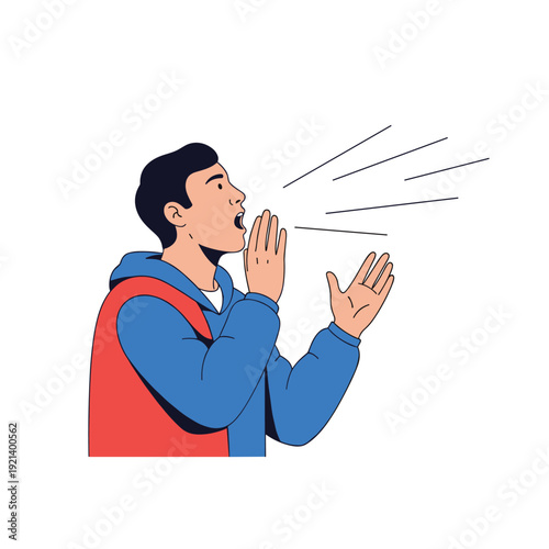 Young man in a blue hoodie shouting or calling out loudly with his mouth wide open and hands raised in excitement.