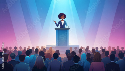 Female Speaker at Podium Silhouette with Audience Conference Concept