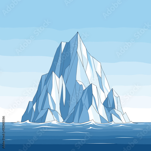 Massive iceberg with sharp peaks floating in the middle of a deep blue arctic ocean under a clear layered sky.