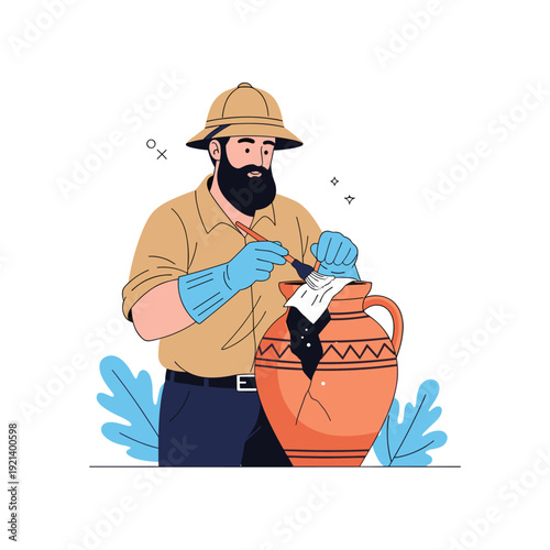 Archaeologist carefully cleaning a broken ancient clay vase with a brush during a restoration process illustration.