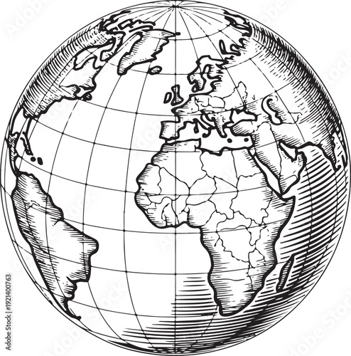 Retro Engraving Style Earth Globe – Detailed Outline Illustration