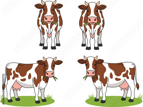 Cartoon dairy cows collection farm cattle animals grazing vector illustration set
