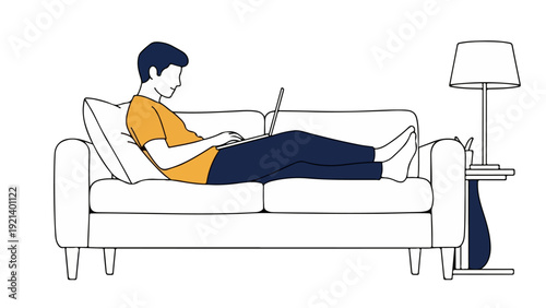 Relaxed Man Working on Laptop from Sofa at Home - Flat Illustration