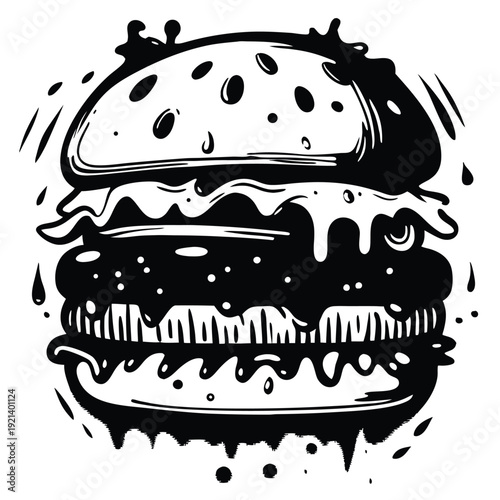 Black and white burger illustration shows a delicious towering sandwich ready to be devoured
