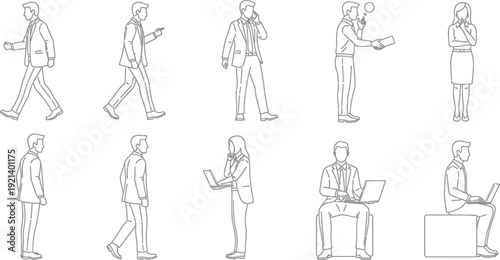 Collection of handdrawn business people in various poses and activities sketch style.