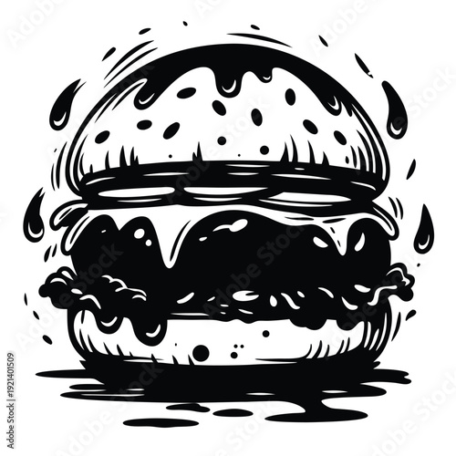 Monochrome burger depicts a detailed food sketch with dripping sauce and stylized shading
