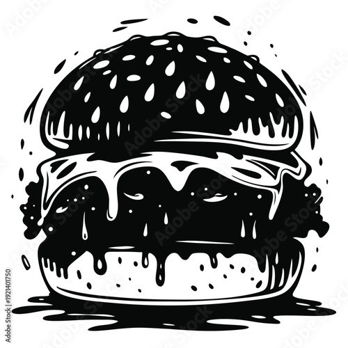 Ink splatters surround a black and white hamburger with sauce dripping down its side