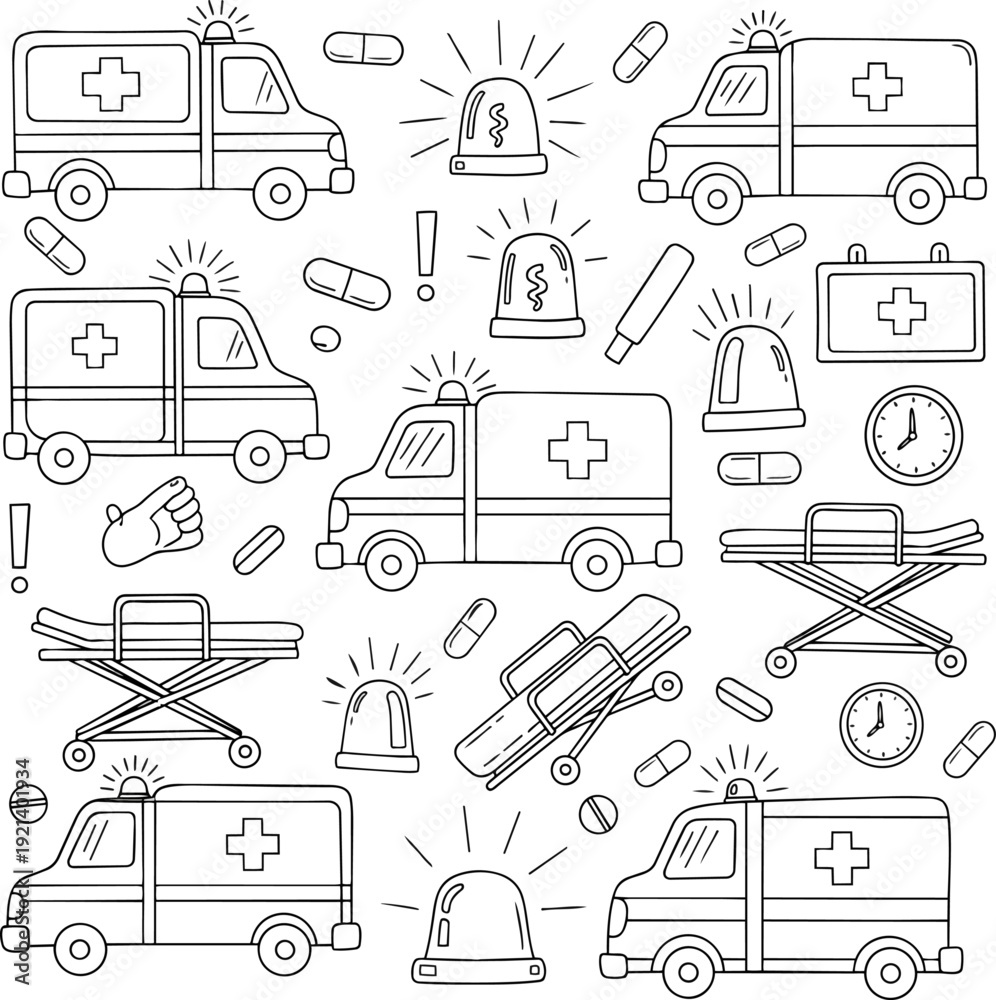 Fototapeta premium Emergency Medical Doodle Pattern Healthcare and First Aid Outline