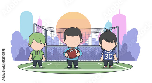 Cute cartoon kids playing football in front of a soccer goal on a city field at sunset, perfect for sports and children themes