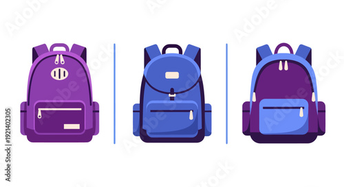 Colorful purple and blue backpacks set with multiple pockets and zippers, perfect for school, travel, or casual use