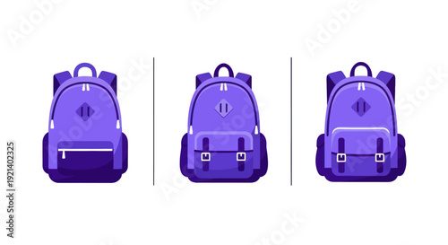 Set of three purple backpacks with different pocket styles isolated on white background, school and travel bag illustrations