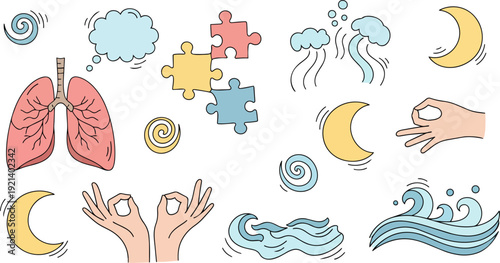 Holistic Health Mental Wellness Doodle Elements Set