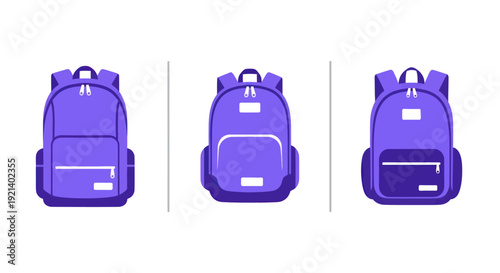 Set of three purple backpacks with front pockets and zippers isolated on white background, school and travel bag collection