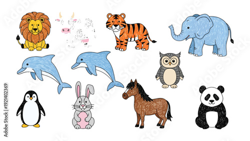 Animal Kingdom Illustration: An engaging collection of vibrantly illustrated animals, perfect for educational resources, playful designs, and imaginative projects.