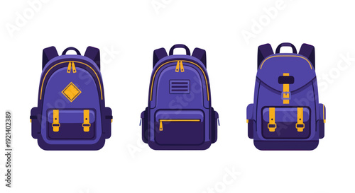 Set of three purple backpacks with yellow accents isolated on white background, school or travel bag collection, flat design vector illustration