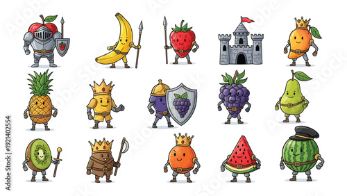Fruity Knights and their Kingdom: An imaginative collection of animated fruits, each depicted as a unique knight or regal figure, standing against a backdrop that hints at a whimsical kingdom.