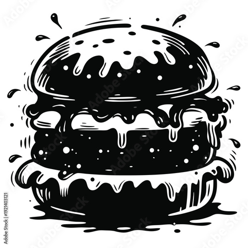 Monochromatic burger splash features dripping condiments and visible toppings inside on a white background