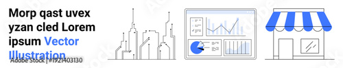 Linear cityscape, statistical graphs on dashboard, shop facade with awning. Ideal for business strategy, urban development, retail, analysis, data visualization, commerce simple landing page