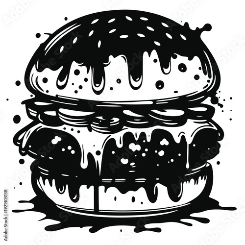 Black and white burger sketch drips, a tasty fast food creation with seeds