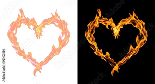 Flaming heart symbols on white and black backgrounds