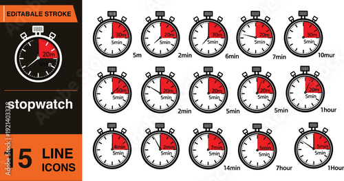 A collection of 15 stopwatch line icons in various times