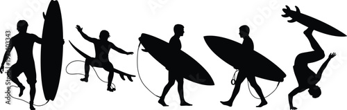 Set of black male surfer silhouettes performing actions including carrying surfboards, walking on beach, wipeouts,