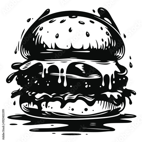 Delicious dripping burger monochrome line art evokes a tempting fast food craving