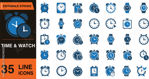 Collection of 35 blue and black line icons featuring various time and watch designs