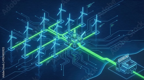 3D Isometric Energy Flow Diagram of Offshore Wind Farm Exporting Power to Onshore Grid