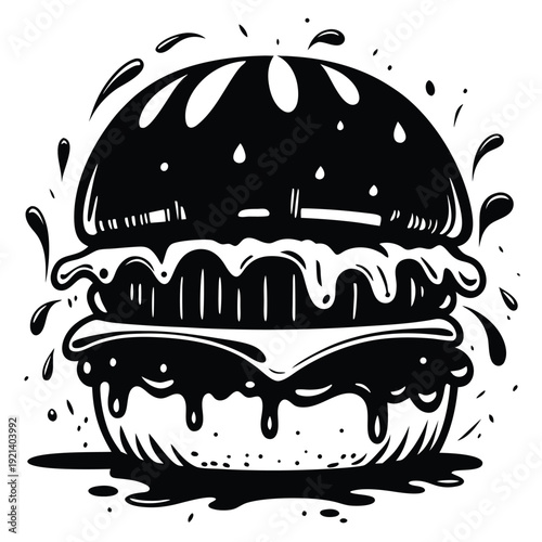 Sizzling black burger drips with sauce, creating a bold and delicious culinary illustration