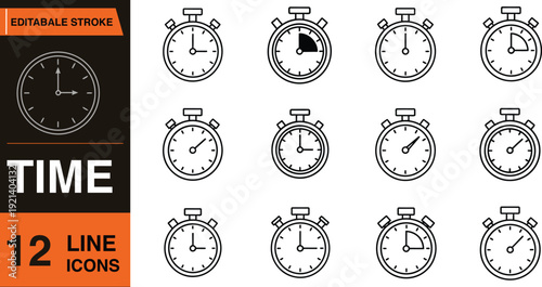 A collection of 12 line icons depicting various stopwatch and clock faces on a white background