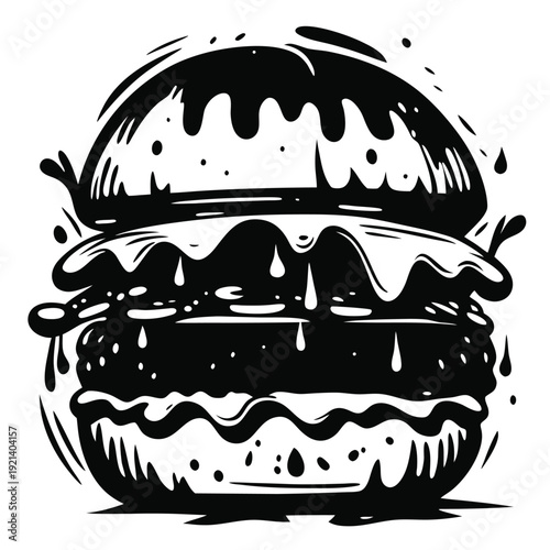 Dripping black ink creates a visually striking burger outline against a plain white background