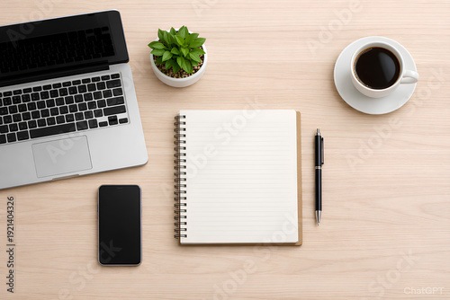 Minimalist Workspace Flat Lay with Laptop Notebook and Coffee on Wooden Desk