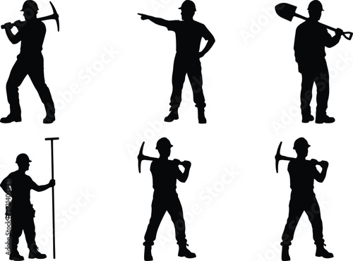 Six silhouettes of construction workers with various tools and equipment