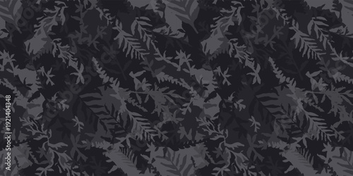 Grunge black leaves seamless camouflage. Hand drawn camo pattern. Ink texture with tree branches. Leaf grunge background. Vector wallpaper