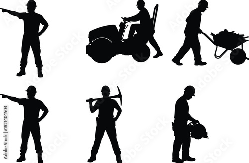 Silhouettes of construction workers performing various tasks on a job site