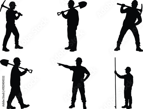 Silhouettes of individuals engaged in various construction and labor activities