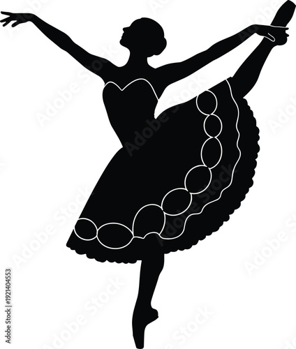 Title: Set of black silhouettes featuring confident women in dresses and high heels holding handguns in various action poses.