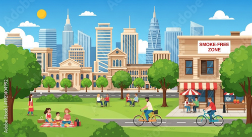 People enjoying smoke free urban park with cityscape background and cyclist