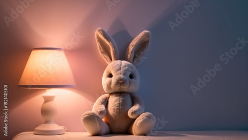 Cute Bunny Plush Toy Sitting Beside Warm Bedside Lamp