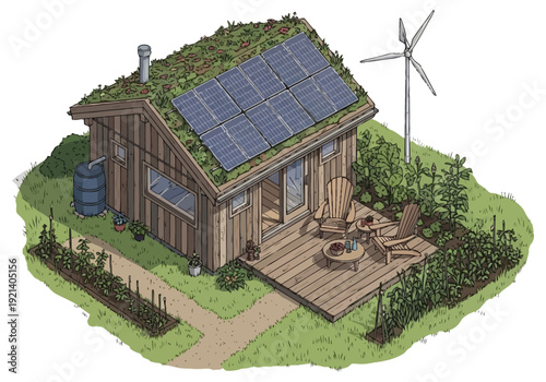 Eco friendly cabin with solar panels and rooftop garden powered by wind turbine for sustainable living and off grid energy generation icons interior