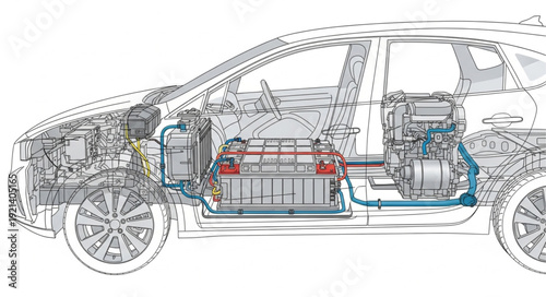 Electric Car Cutaway Diagram Illustration.