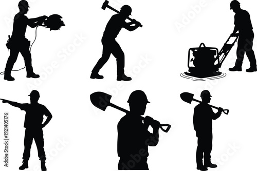 Silhouettes of people engaged in various gardening and construction tasks