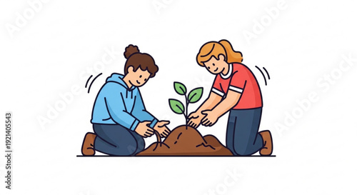 Two women planting a small green plant together in brown soil kneeling on the ground with gardening tools nearby