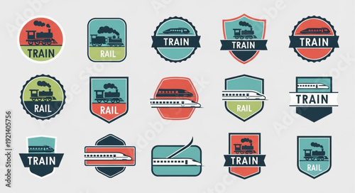Collection of train emblems and logos in various shapes and colors.
