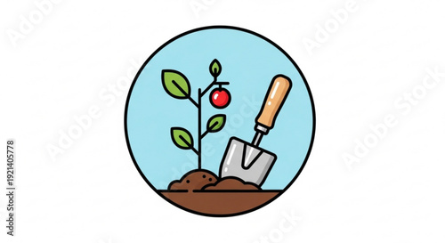 Gardening tool and young plant with red fruit in soil symbolizing growth and cultivation in a circular frame