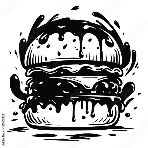 Monochrome burger with dripping sauce offers a tempting and indulgent experience